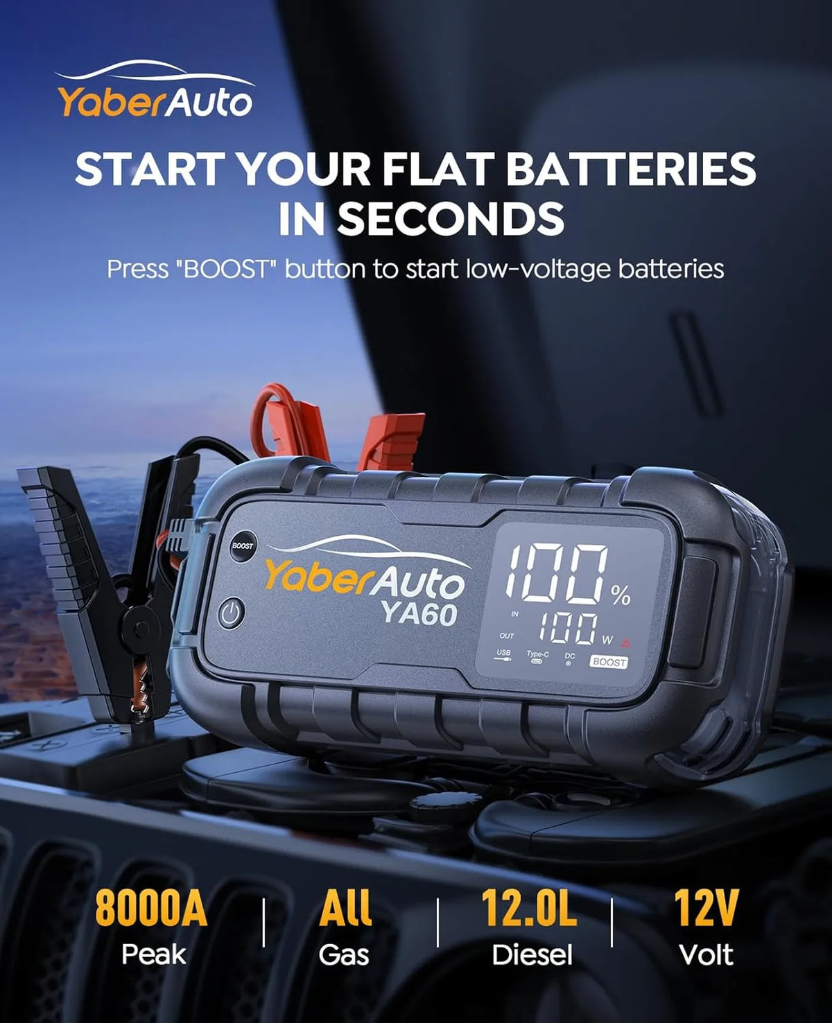 YaberAuto YA60 Jumpstarter 8000A - 26800mAh - 65W Snelladen, LED