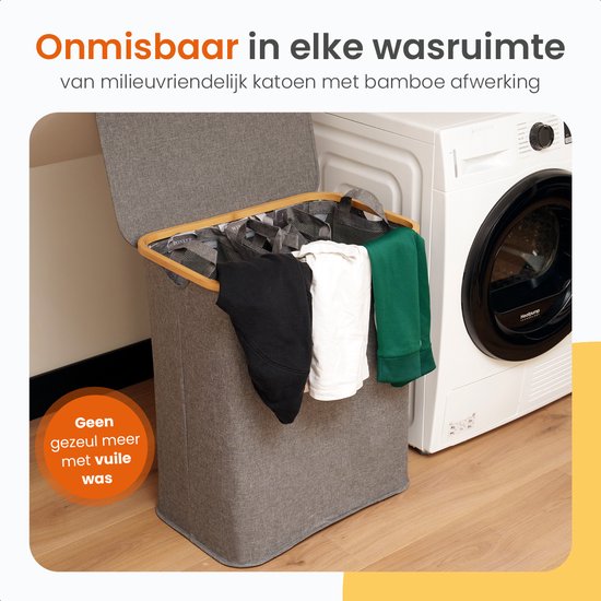 Goliving Wassorteerder 3 Vakken - 150L - Opvouwbare Wasmand Met Deksel - 3 Uitneembare Zakken Met Kleurlabels - 57 x 37 x 66 cm - Grijs