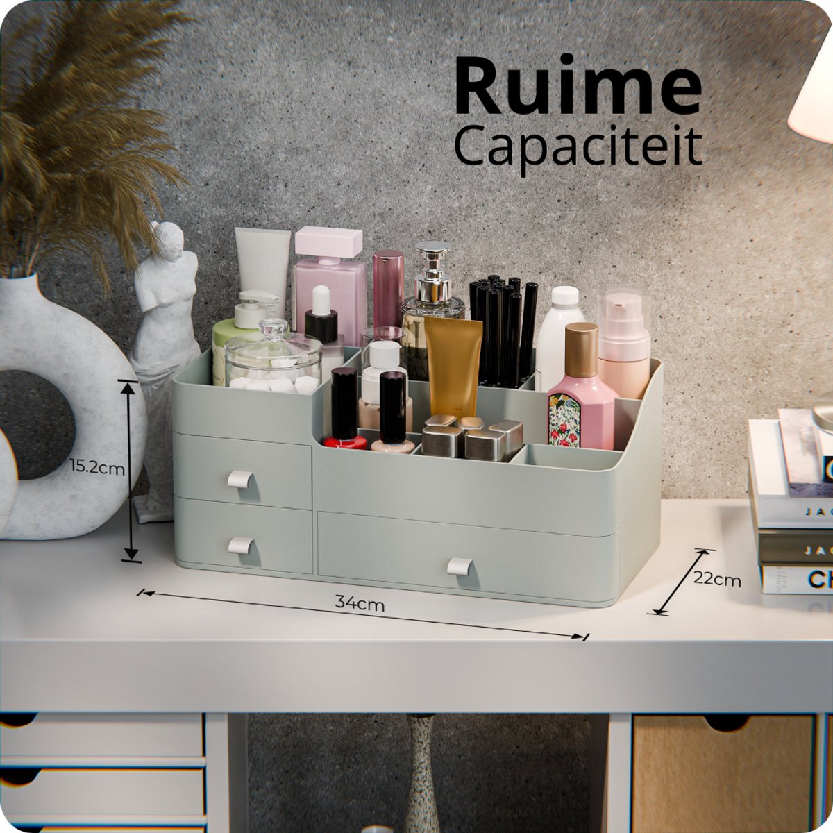 Organess Make-up Organizer 2024 – Groen Acryl – 3 Lades & 2 Vakken – Skincare Opbergdoos
