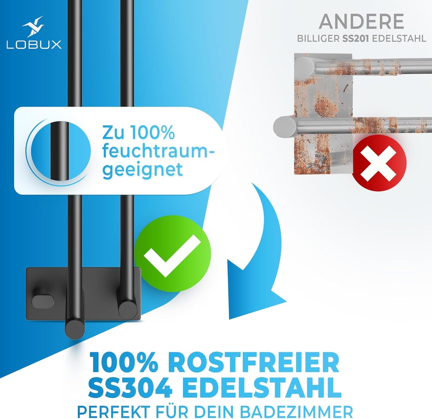 LOBUX® - Handdoekstang zonder boren zwart - 60cm, roestvrij staal - Handdoekstang badkamer dubbel, zelfklevend - Handdoekstang, handdoekstang met 2 handdoekhaken - Badkamer, douchewand, keuken