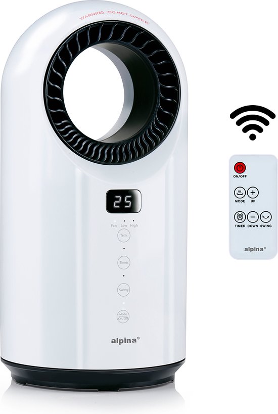 alpina Elektrische Verwarming en Ventilator 1500W - Keramische Ventilatorkachel met Timer en Afstandsbediening - Oscillerende Ventilator Kachel met Verkoelende en Verwarmende Functie - 18 x 18 x 37cm