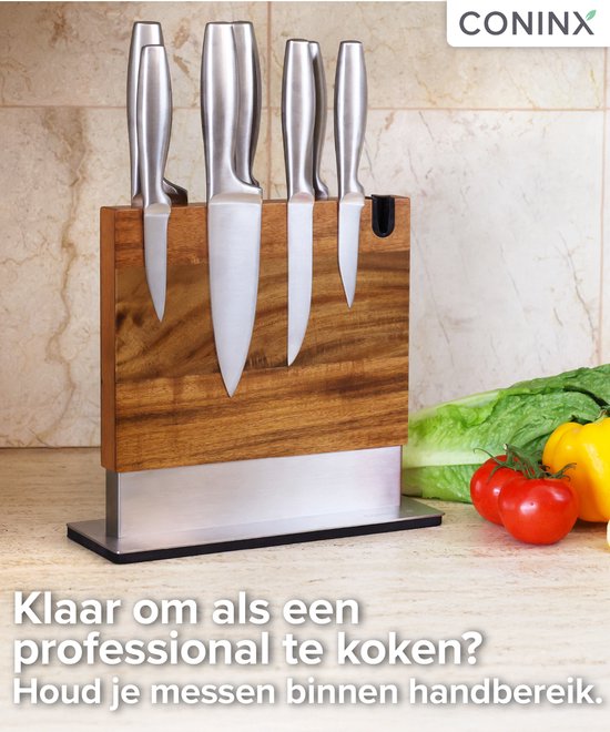 Coninx Vertico Messenblok Magnetisch - Messenmagneet met messenslijper - RVS Voet - Magneet Tweezijdig - Messenblok zonder messen - RVS / Acaciahout