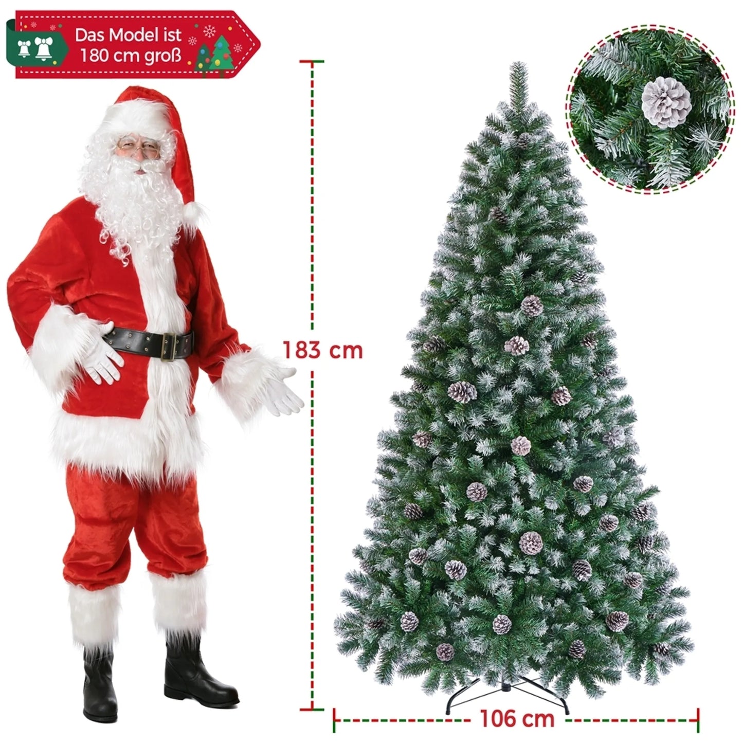 Yaheetech Kunstkerstboom Besneeuwd – 183 cm – Voorzien Van 920 Takken En Natuurlijke Dennenappels En Opvouwbare Metalen Standaard – Voor Binnen En Buiten – Groen PVC En Metaal – 106 x 106 x 183 cm