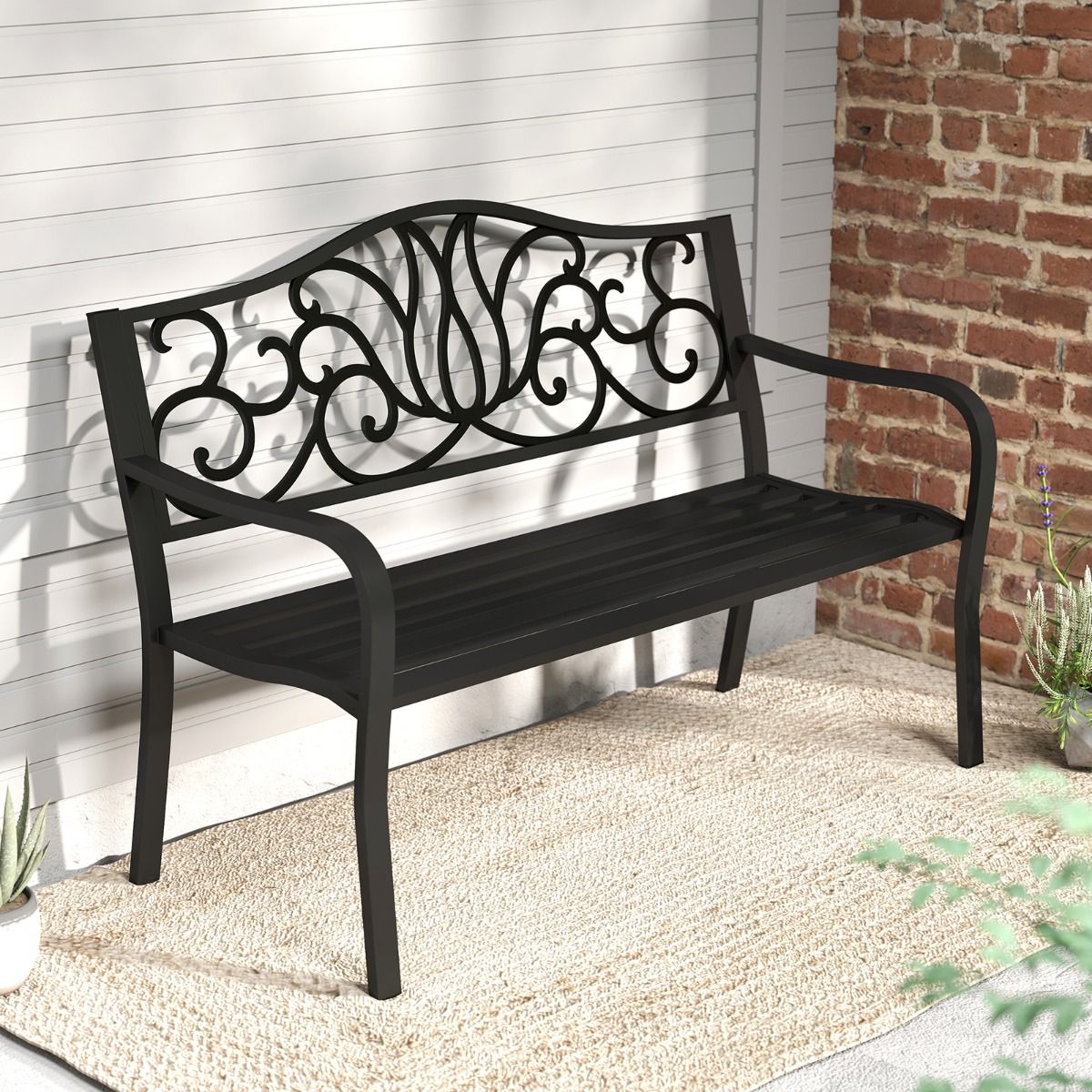 coast Tuinbank Zwart - Gietijzeren Rugleuning met Bloemenpatroon - 127 x 61 x 89 cm - 2-3 Persoons Terrasbank met Armleuningen