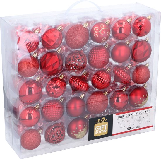 Giftsome Rode Kerstballen Set - 60 Stuks Kunststof Kerstballen - 6/7 cm