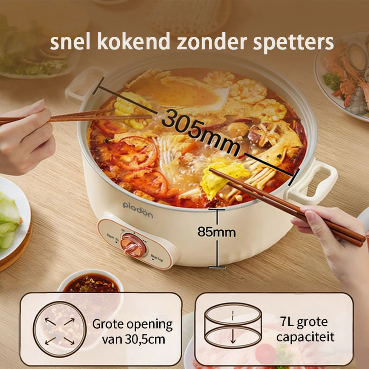 Plodon Elektrische Hotpot 7 Liter – Multifunctionele Kookpan met Antiaanbaklaag – 1600W – Ø 30,5 x 8,5 cm – RHG-70XVv
