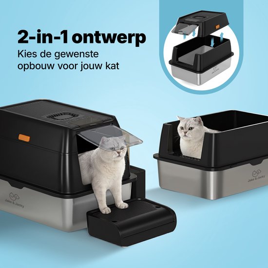 Jake en Jacky RVS Kattenbak - Kattentoilet Roestvrijstaal - Incl. Kattenbakschep met Houder en Gritopvang Opstapje - 2 in 1 Open Kattenbak met Afneembare Deksel - 60x40x38cm - Zwart