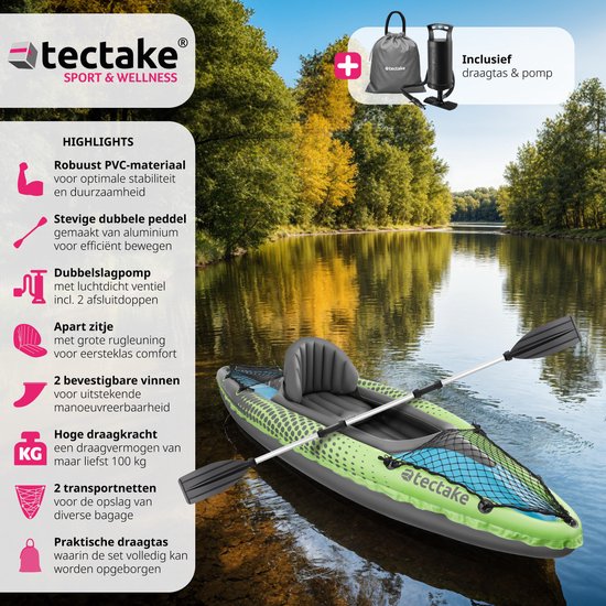 tectake® - Opblaasbare Kajak - Opblaasbare Kano voor 1 persoon met dubbele peddel en accessoires - Zitje, pomp, transporttas - Watersport - Roeiboot