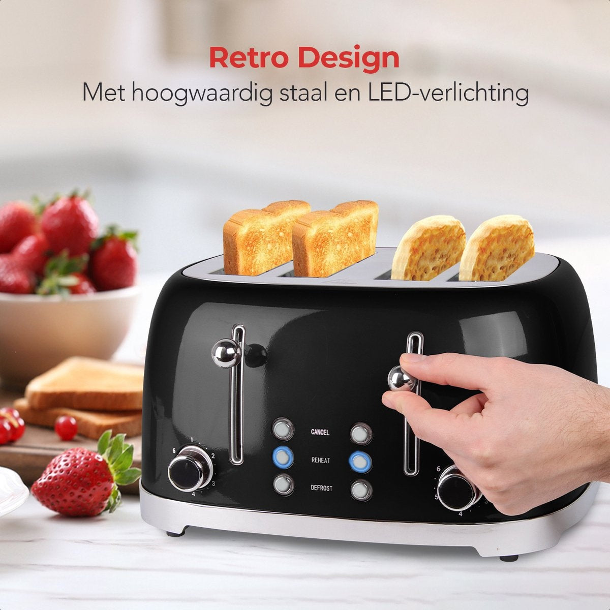 KitchenBrothers Retro Broodrooster - Toaster - 6 Warmteniveaus - 4 Extra Brede Sleuven - 1630W - Zwart