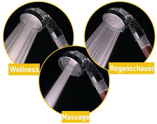 Aquadon Shower Hero - Waterbesparende Douchekop met natuurlijke Minerale parels - drie Waterstraalsterktes - voor alle gangbare Doucheslangen - 3 Straalsoort - Verhoogt de Waterdruk - bespaart Water