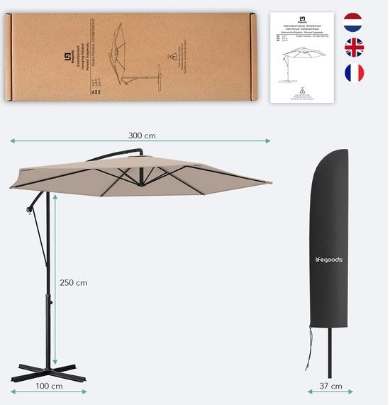 LifeGoods Zweefparasol - Ø300cm - Waterdicht - Geschikt voor Tot 8 Personen - Taupe - Inclusief Hoes