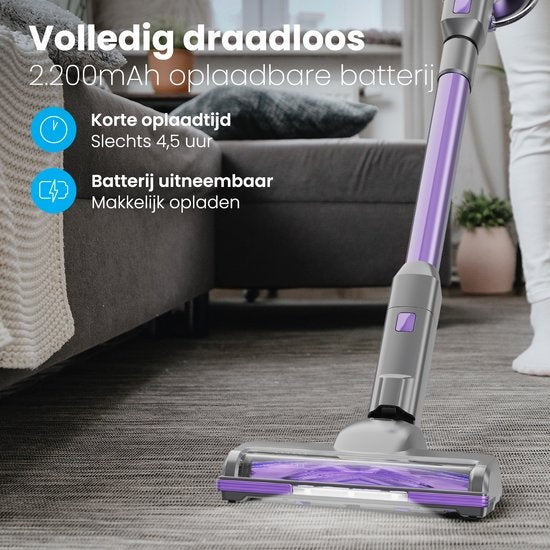 Auronic Steelstofzuiger - Draadloos - Zonder Zak - Op Accu - Zelfstaand - 220W - Extra Batterij - Vacuum Cleaner - Grijs/Paars