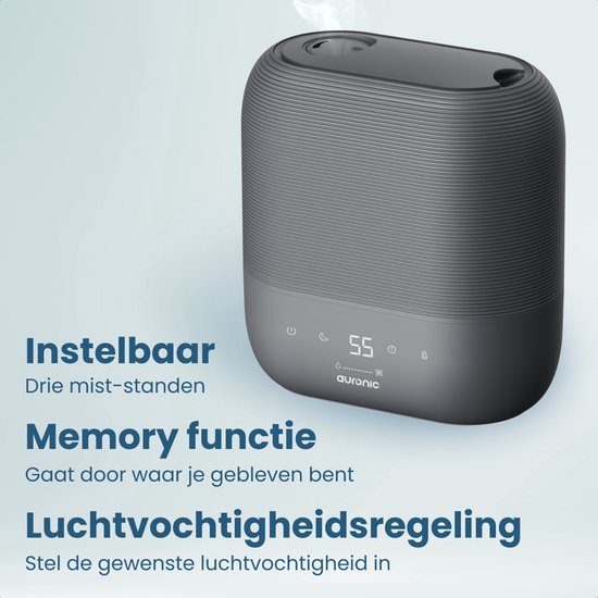 Auronic Luchtbevochtiger - 5L - Geschikt voor Slaapkamer, Babykamer, Kantoor, Woonkamer en Meer - Humidifier - BPA-Vrij - Antraciet