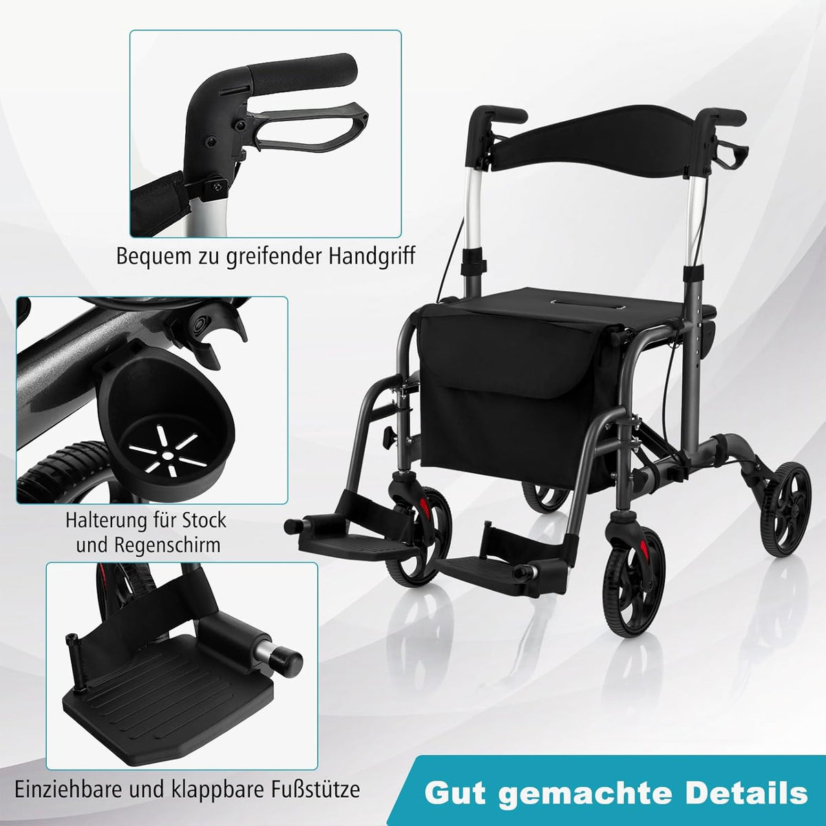 Coast Opvouwbare Rollator - Multifunctioneel - Verstelbare Hoogte - Met Tas en Stokhouder - Zwart