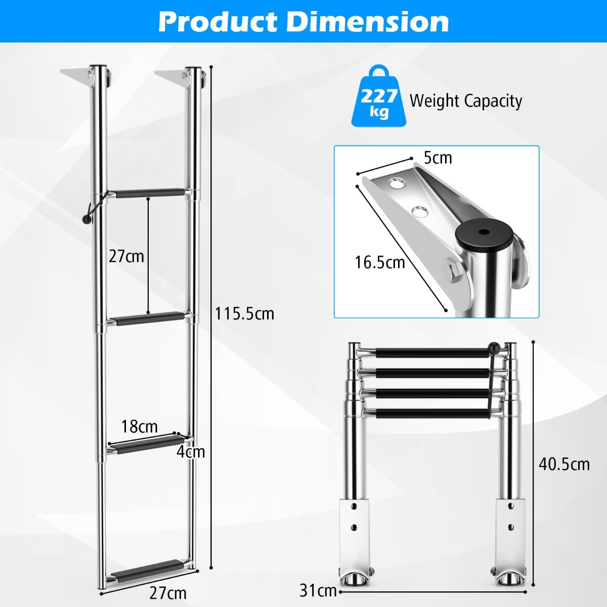 Coast Telescopische Bootladder 4-Traps - Antislip - RVS - 227kg Capaciteit - Zilverkleurig