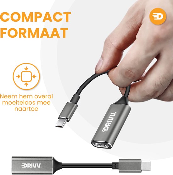 Drivv. USB C naar HDMI Adapter - Ondersteunt 4K 30Hz - Converter - Type C naar HDMI - Thunderbolt 3 - Grijs
