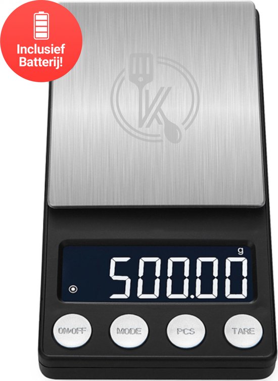 Kitchenwell digitale mini precisie keukenweegschaal - 0,01 tot 500 gram - 14.2 x 7.5 cm - pocket scale op batterij - weegschaal keuken
