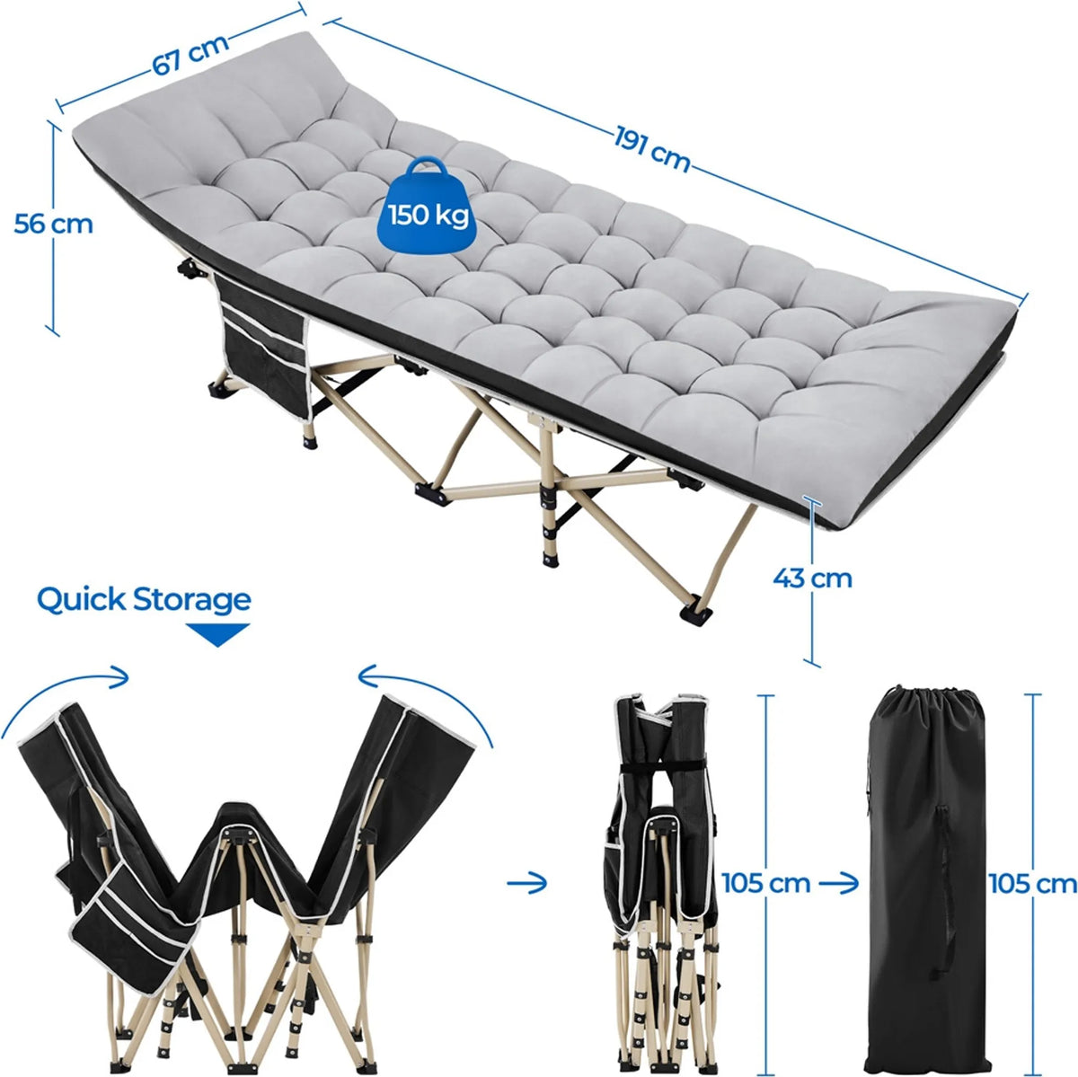 Yaheetech Campingbed Opvouwbaar – Voorzien Van Comfortabel Matras En Handige Draagtas En Zijvakken – Voor Kamperen En Logeerkamer – Zwart Metaal En 600D Oxford-Stof – 191 x 67 x 56 cm