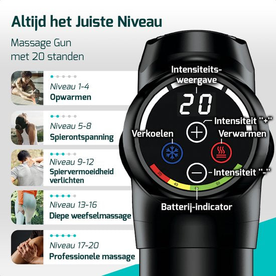 FITAGE  - Massage Gun Warm & Koud - 8 Opzetstukken - 20 standen - Zwart