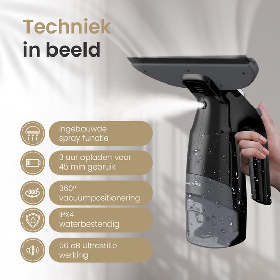 Vapore Elektrische Ruitenreiniger - Incl. Inwasser - Raamwisser met Ingebouwde Sproeifunctie - Ramenwasser - Raamtrekker - Raamzuiger - Incl. Microvezeldoek - Zwart