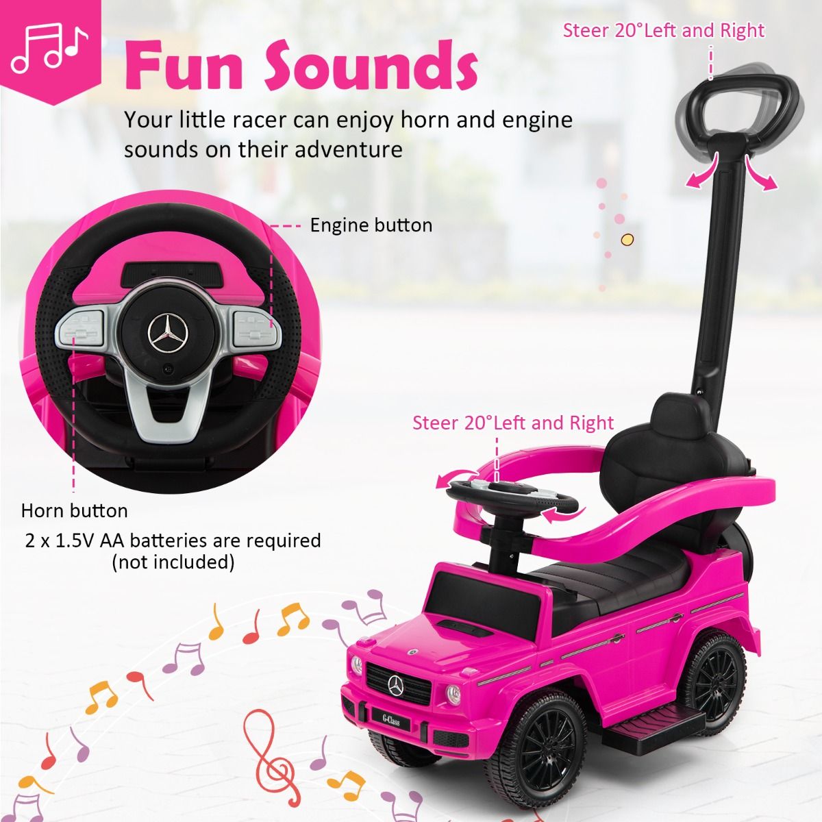 Coast Mercedes Benz loopauto voor kinderen - 3-in-1 kinderwagen en rollator - verstelbare zonnekap - roze