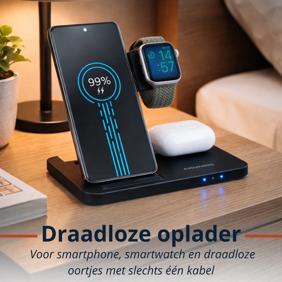 Grundig 3-in-1 Draadloze Oplader – Snellader Oplaadstation voor Smartphone, Smartwatch, Oortjes - Draadloze Oplader iPhone en Samsung - Wireless Charger – Opvouwbaar Design