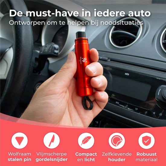 Nuvance - Veiligheidshamer - Noodhamer - Incl. Zelfklevende Houder en Testglas - Lifehammer - Gordelsnijder - Auto Hamer - Veilig Onderweg - Rood