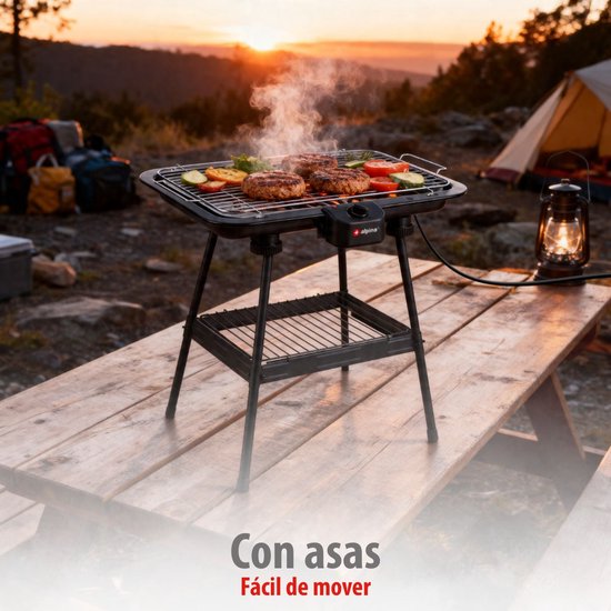 alpina Elektrische BBQ 2-In-1 2200W - Electrische BBQ Tafelmodel met Thermostaat - Elektrische Grill met Warmhoudfunctie - Tafelgrill Electrisch met Verstelbaar Rooster - 51 x 30 cm - Zwart