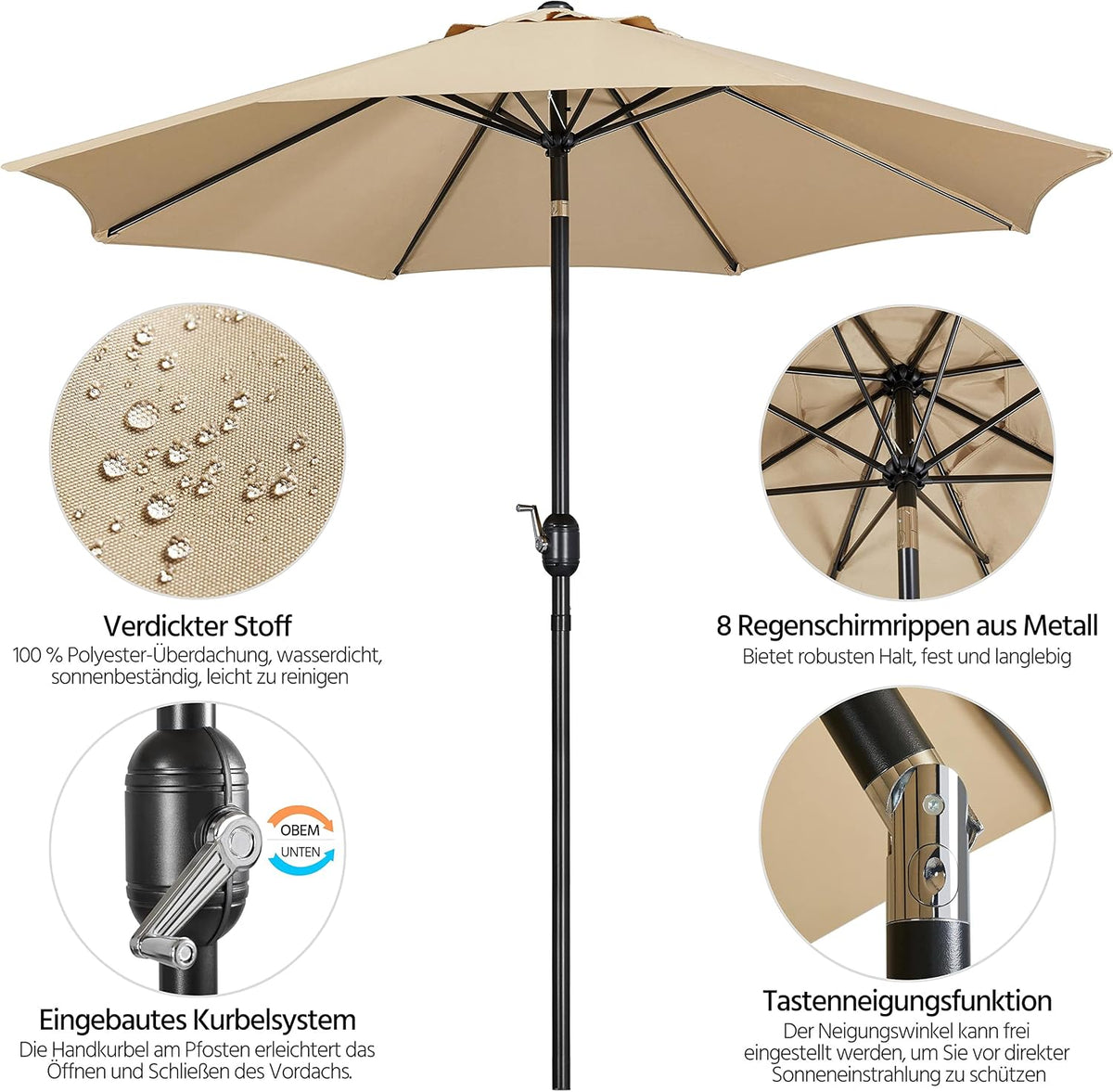 Yaheetech Parasol 270 cm - Knikbaar en Kantelbaar - Met Draaistang - Polyester