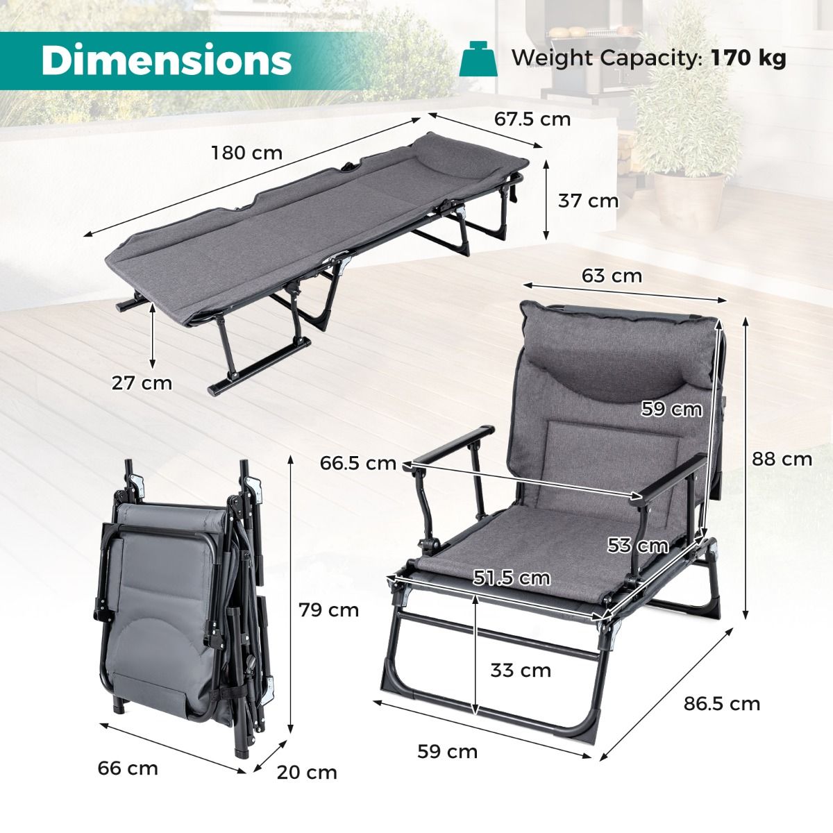 Coast Opvouwbaar Campingbed 3-in-1 - verstelbare rugleuning - hoofdsteun - grijs en zwart