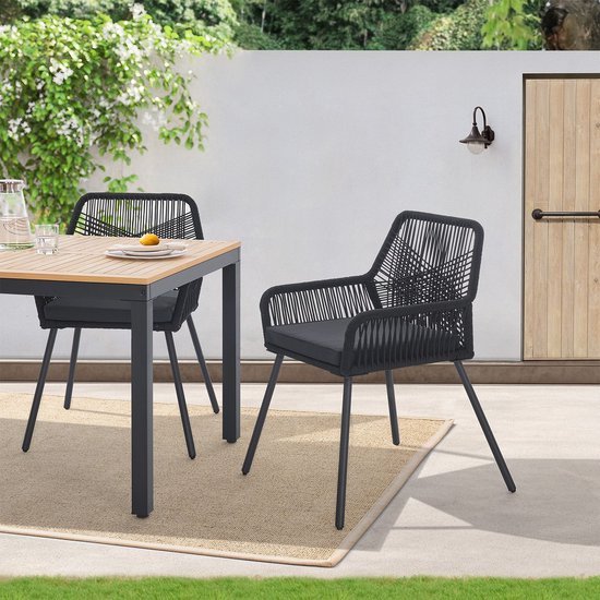 2 Stuks Tuinstoel Kastos met touwgaas - Zwart - Incl. Zitkussen