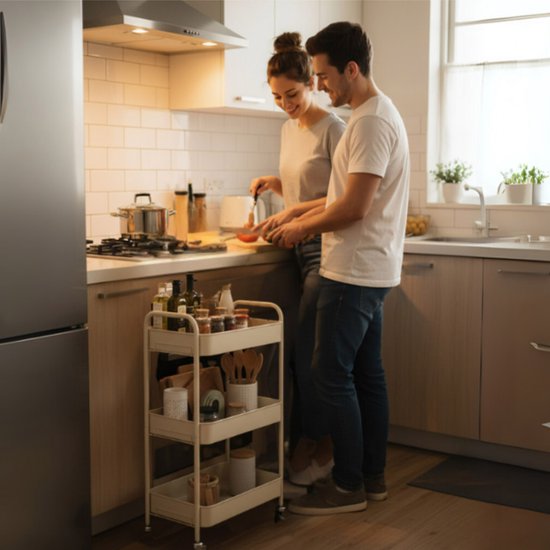 Keuken trolley op Wieltjes - 3 laags - Keukenrek - Serveerwagen - Kastje - Karretje - Opberg - Douche kastjes staand - Rekje - Beige - Luft