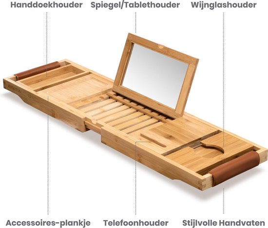 RelaxTub® Badplank - Badplank voor in Bad - Badrek - Verstelbaar - Anti Slip - Badplank Bamboe - Badplank Hout - Badrekje inclusief Boekenhouder, Tablethouder & Spiegel