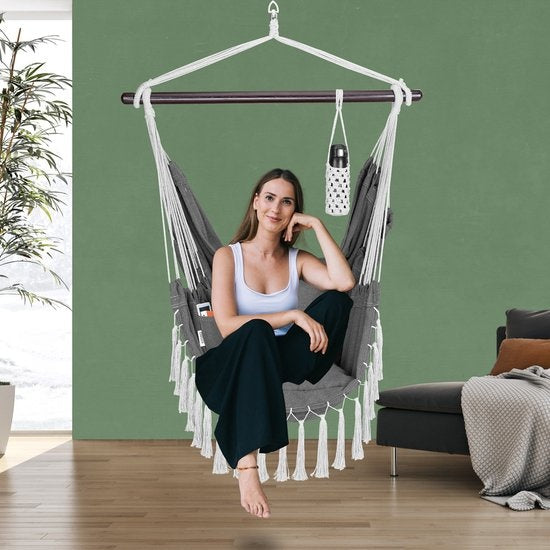 Detex Hangstoel Bohemian – Incl. Fleshouder/2 Kussens XL - Antraciet