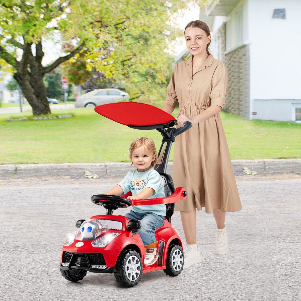 Coast 3-in-1 Loopauto met duwstang - opbergruimte - verstelbare zonbescherming - rood