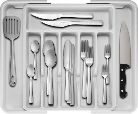 Deleca Uitschuifbaar Bestekbak met 8 Vakken - Besteklade Organizer - Keukenlade Bestek Organiser - Bestekhouder Keuken - 57 x 38 cm - Kunststof / Wit Grijs