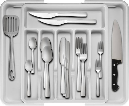 Deleca Uitschuifbaar Bestekbak met 8 Vakken - Besteklade Organizer - Keukenlade Bestek Organiser - Bestekhouder Keuken - 57 x 38 cm - Kunststof / Wit Grijs