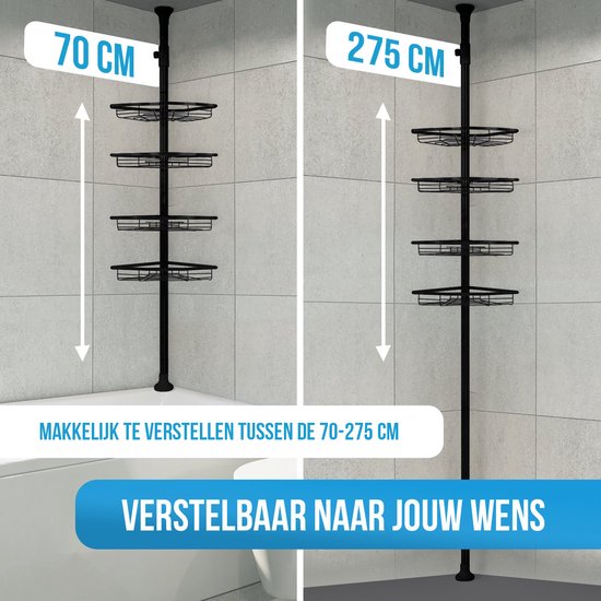 Strex Telescopisch Doucherek Zwart - Verstelbaar 70-275 cm - 4 Mandjes - Robuuste Kwaliteit - Doucherek zonder Boren of Schroeven - Badkamer Rekje