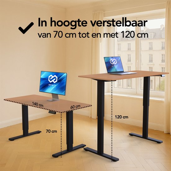 Infinity Goods Zit Sta Bureau Elektrisch Verstelbaar - 140 x 60 CM - Geheugenfunctie - Houtkleur