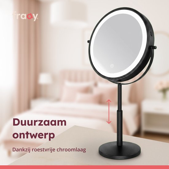 Fraay® XXL Make Up Spiegel met LED Verlichting - 10x Vergroting - Vergrootspiegel met Licht - Oplaadbaar - Scheerspiegel - Badkamerspiegel - Zwart