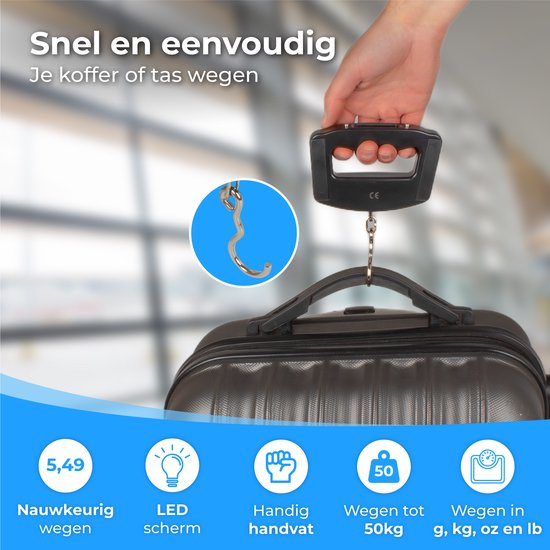 Nuvance - Digitale Kofferweegschaal - Bagageweegschaal tot 50 KG - Inclusief Batterijen - Bagageweger - Koffer Weegschaal met Digitaal Display - Hangweegschaal
