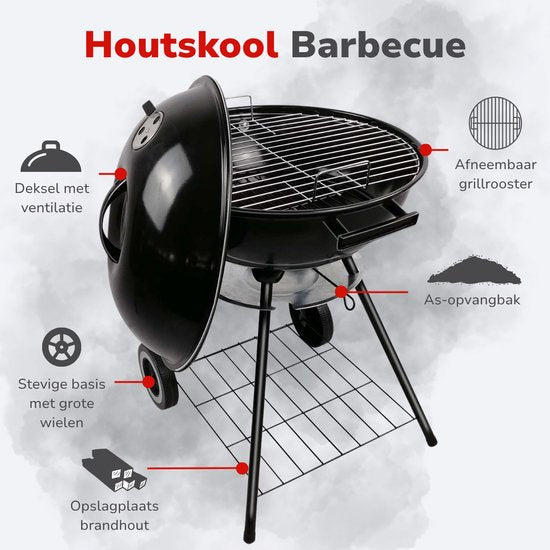 alpina Houtskool BBQ - Kogelbarbecue Ø43 cm - Barbecue met Deksel en Wielen - Geïntegreerd Ventilatiesysteem - Verwijderbare Asopvangbak - Zwart
