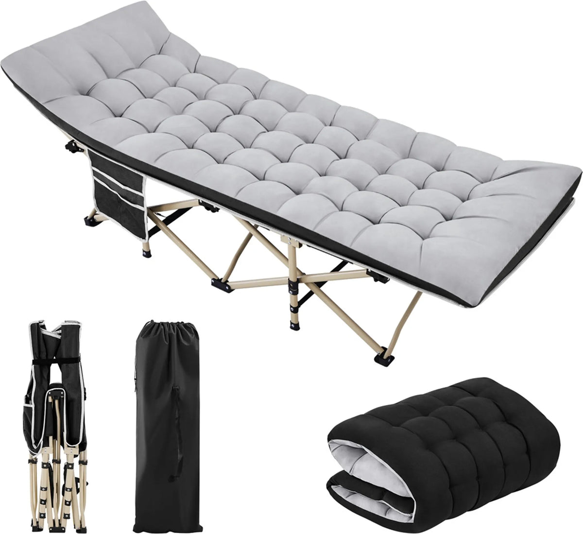 Yaheetech Campingbed Opvouwbaar – Voorzien Van Comfortabel Matras En Handige Draagtas En Zijvakken – Voor Kamperen En Logeerkamer – Zwart Metaal En 600D Oxford-Stof – 191 x 67 x 56 cm