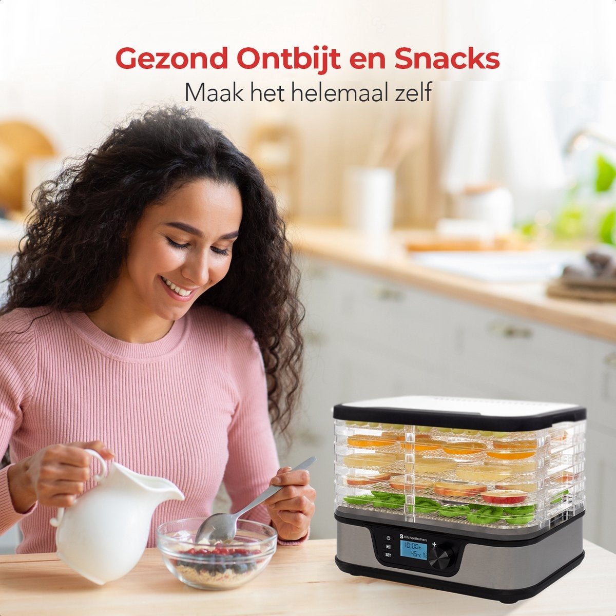 KitchenBrothers Voedseldroger - Elektrisch 380W - 5 Laags - 9 Hitte-niveaus - 35°C tot 75°C - LCD Display - Timer - RVS/Zwart