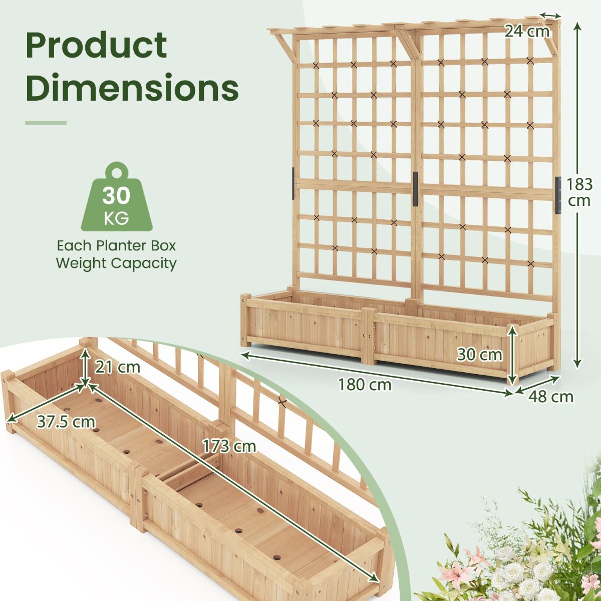 Coast Grote houten plantenbak met latwerk - 2 bloembakken - hangend dak - naturel