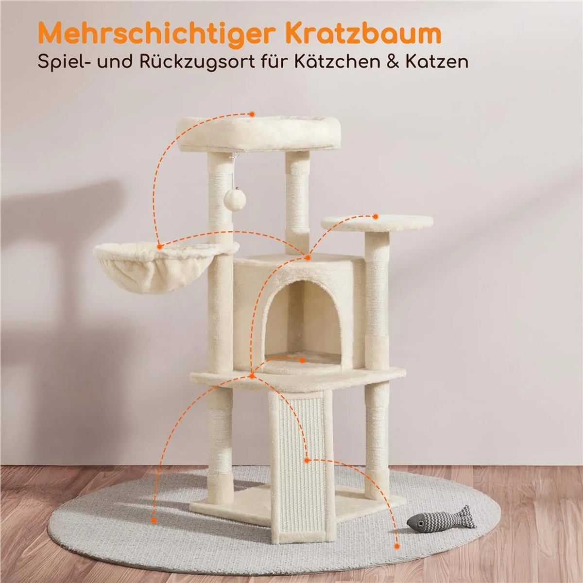 Yaheetech Krabpaal Middelgroot – 43,5 x 43,5 x 106 cm – Voorzien Van Royaal Uitkijkplatform En Hangmat En Kattenmand Met 5 Sisalpalen – Voor Kittens En Middelgrote Katten – Beige Pluche En Spaanplaat