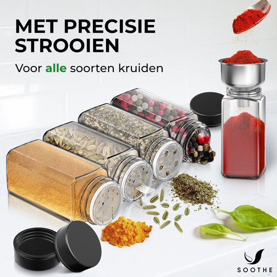Soothe 48 Glazen Kruidenpotjes Vierkant met Zwarte Deksel – 2 Soorten Strooideksels – Kruidenstrooier – Spice Jars – Complete Set incl Kruiden Stickers, Krijtstift en Accessoires – 120ml