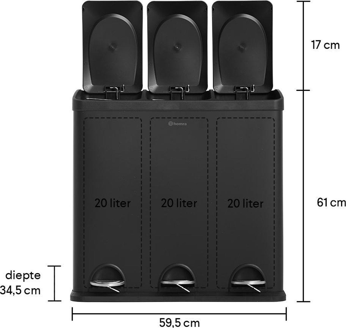 Homra Maxer Prullenbak Met 3 Vakken - 60L (3x20L) - 34 x 60.5 x 60.5 cm - Zwart