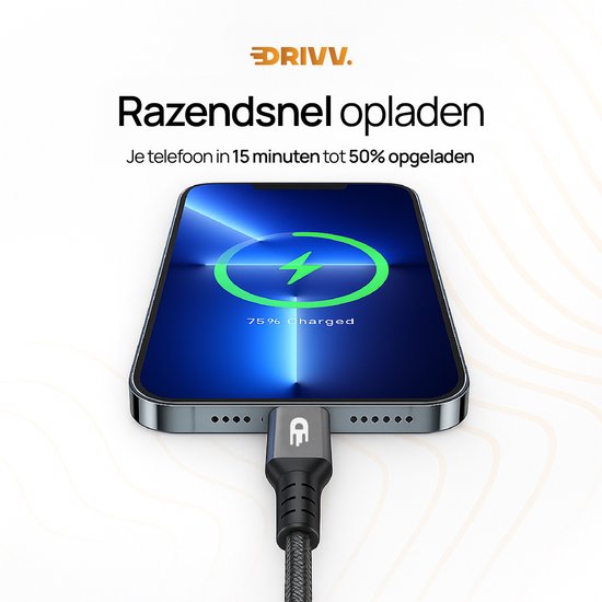 Drivv. USB C naar USB C Kabel 4.0 - Gen 3 - 240W Snellader - 8K 60Hz - 40Gbps - 1 Meter - Nylon - Zwart