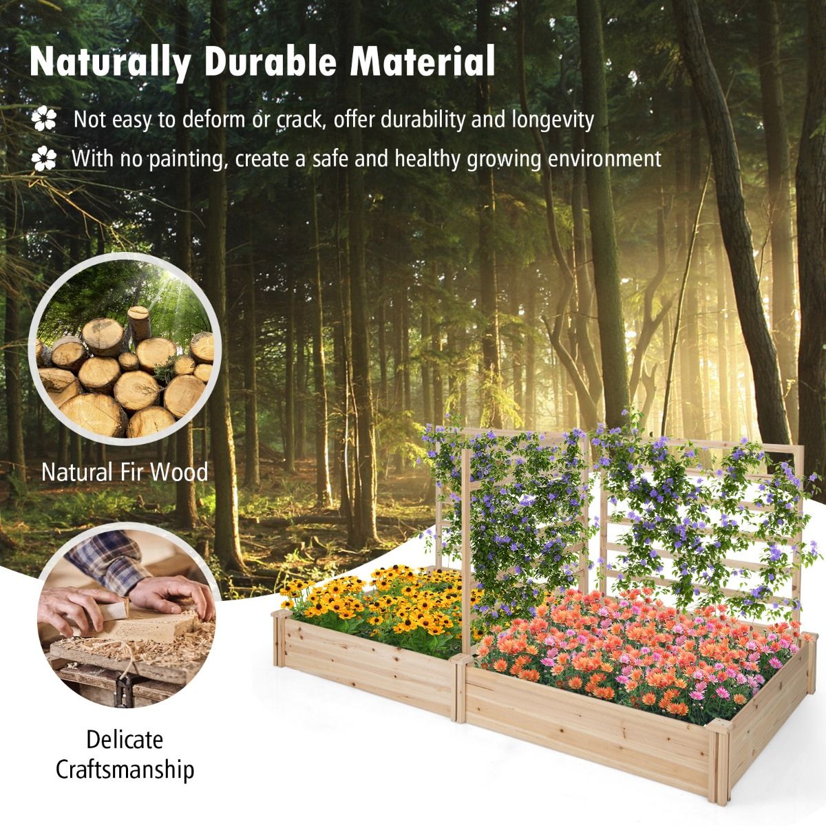 Coast Houten Plantenbak met 3 Klimrekken - Verhoogd Tuinbed - Open Bodem - Natuurlijk Dennenhout - 222 x 114 x 110 cm